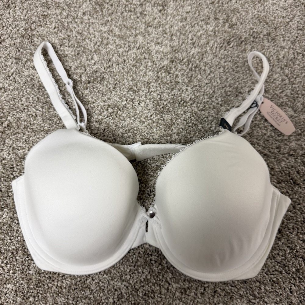 NEW Victoria Secret Smooth Push‎ Up Bra White Full Coverage Lace Trim 34D Padded